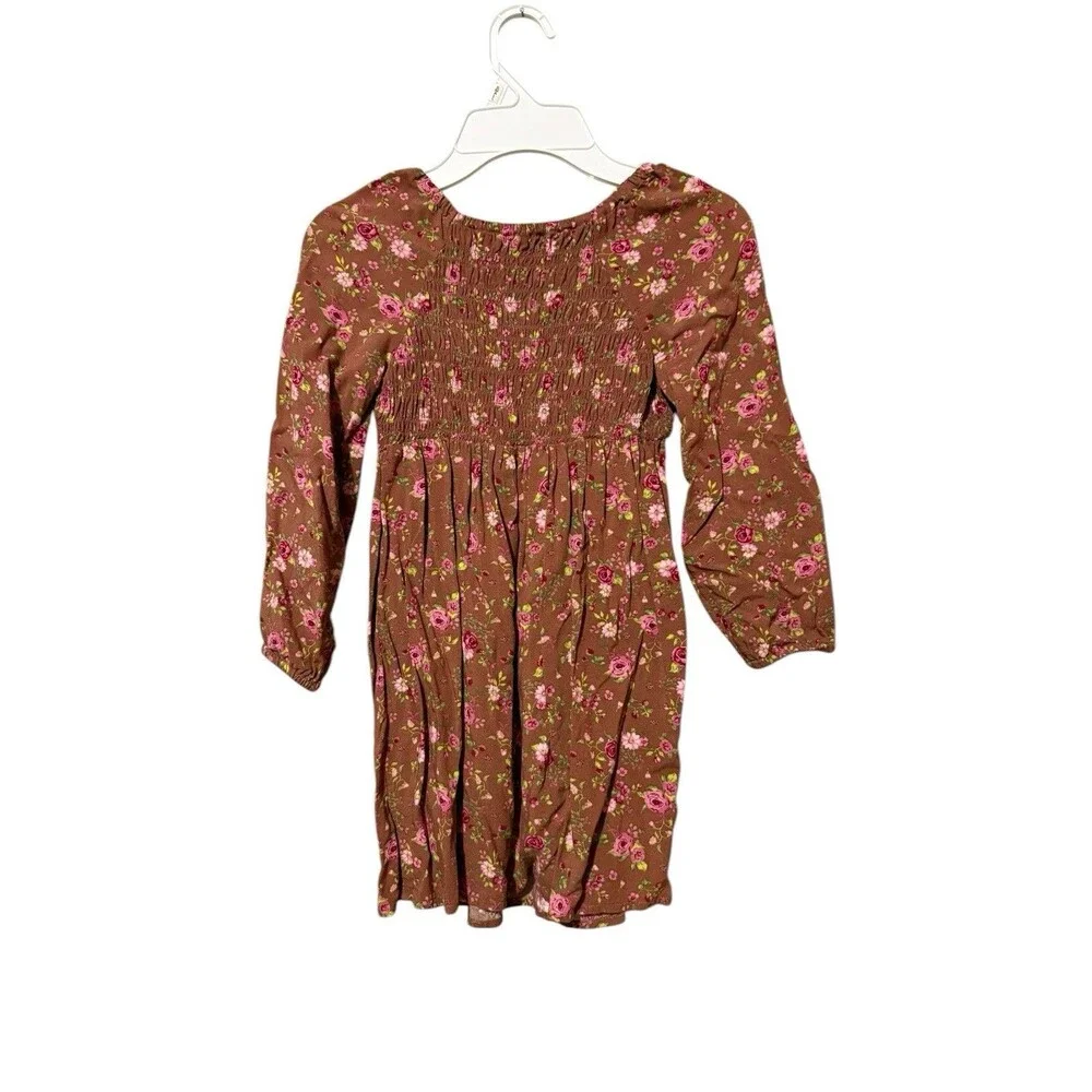 The Childrens Place Floral Smocked Dress Girls Size 5T Brown Pink - Picture 2 of 4